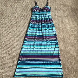 Athleta Striped Spaghetti Strap Maxi Dress in Aqua, Purple & Navy with Pockets